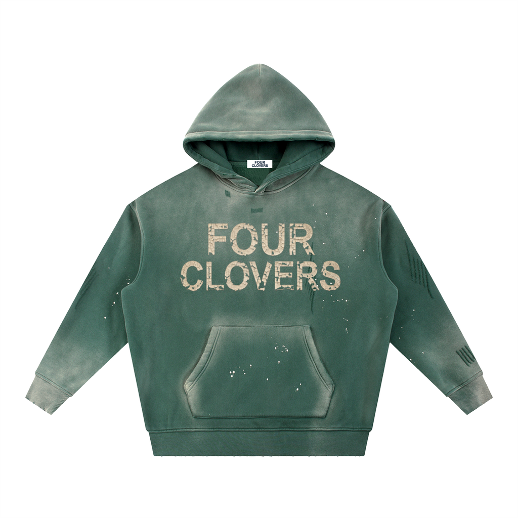 Four Clovers Vintage Washed Frayed Fleece Hoodie