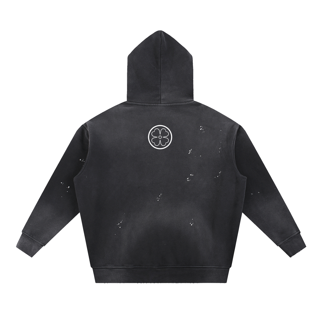 Four Clovers Black Vintage Washed Frayed Fleece Hoodie