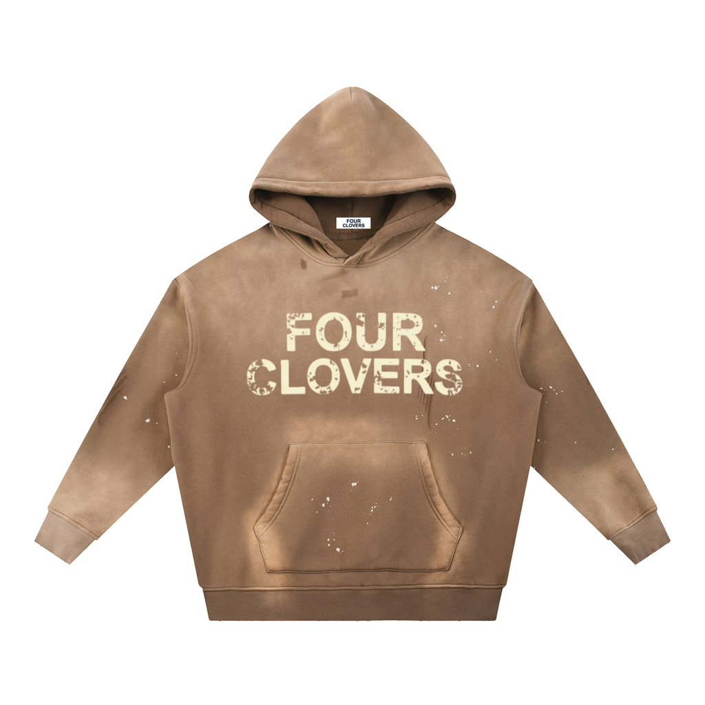 Four Clovers Vintage Washed Frayed Fleece Hoodie