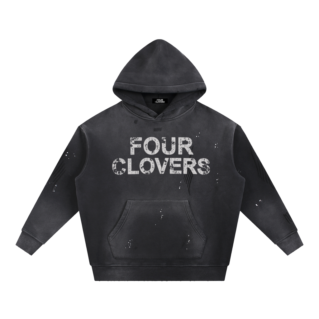 Four Clovers Black Vintage Washed Frayed Fleece Hoodie