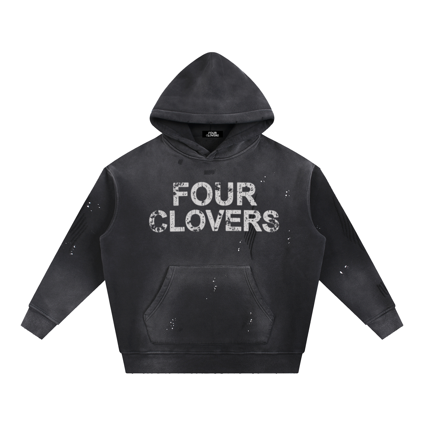 Four Clovers Black Vintage Washed Frayed Fleece Hoodie